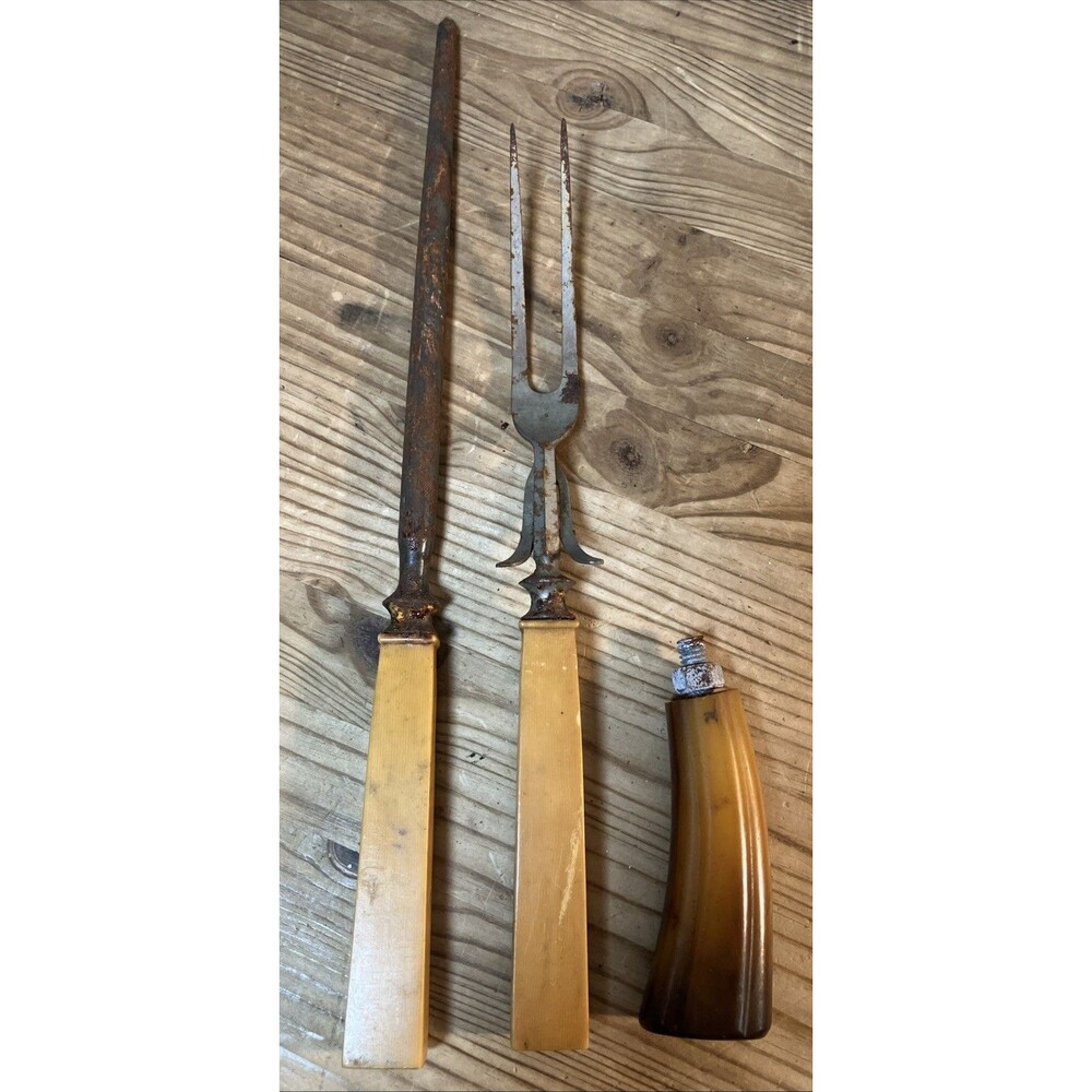 Antique VTG Bakelite Lot Carving Knife Fork Butterscotch Gold Plus Just A handle